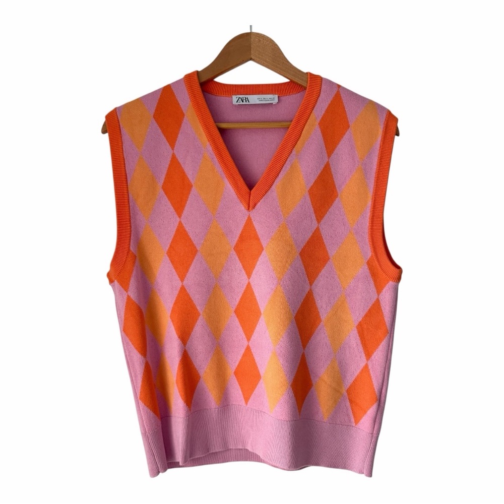 Zara V-Neck Sweater Vest in Pink and Orange Argyle